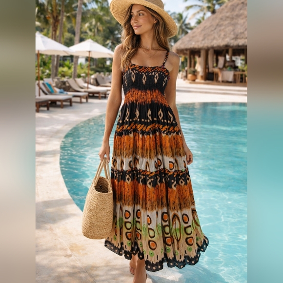 Magic Dresses & Skirts - Magic Full Skirt Maxi Dress Boho Resort Festival Brown Smocked Medium Cotton